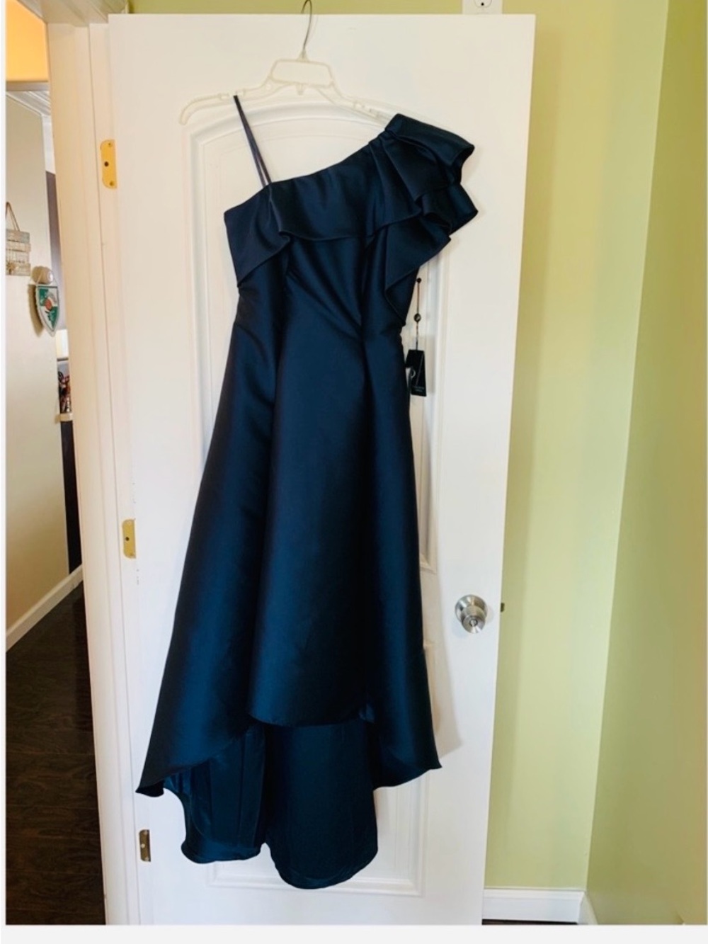 One-Shoulder Navy Evening Dress with Ruffle Detail